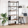 Black metal bookcase with MDF shelves, X braces, open storage, 5 levels