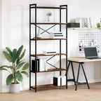 Black metal bookcase with MDF shelves, X braces, open storage, 5 levels