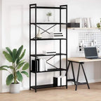 Black metal bookcase with MDF shelves and X-cross supports, 5 open compartments