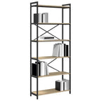 Open-frame bookcase with black metal sides, light MDF shelves and X cross bracing