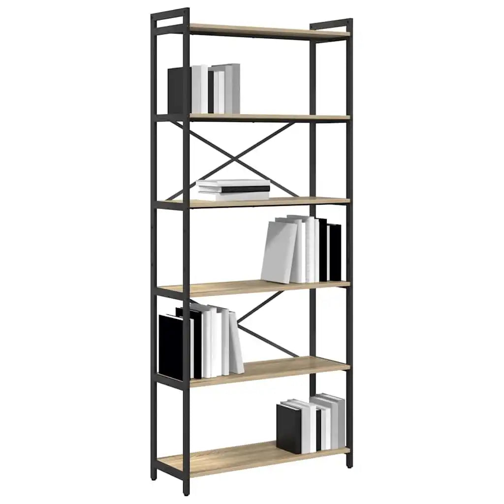 Open-frame bookcase with black metal sides, light MDF shelves and X cross bracing