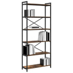 Tall black metal and wood bookcase with open shelves for books, X-shaped braces