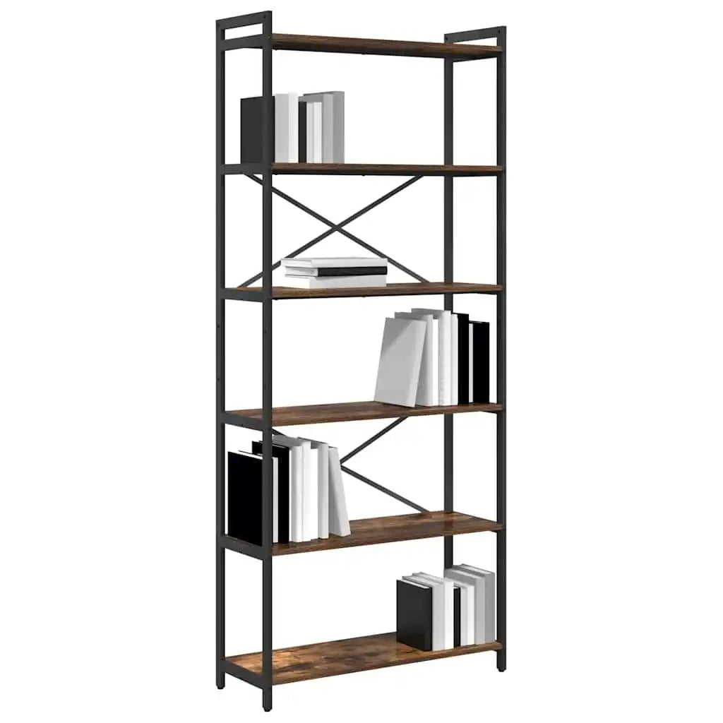 Tall black metal and wood bookcase with open shelves for books, X-shaped braces