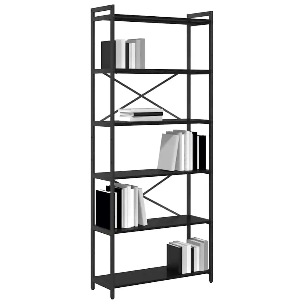 Tall black metal shelving unit with MDF shelves and X-brace design, open sides