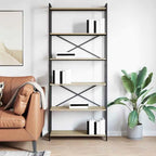 Bookcase with five open shelves and black metal frame, light wood panels