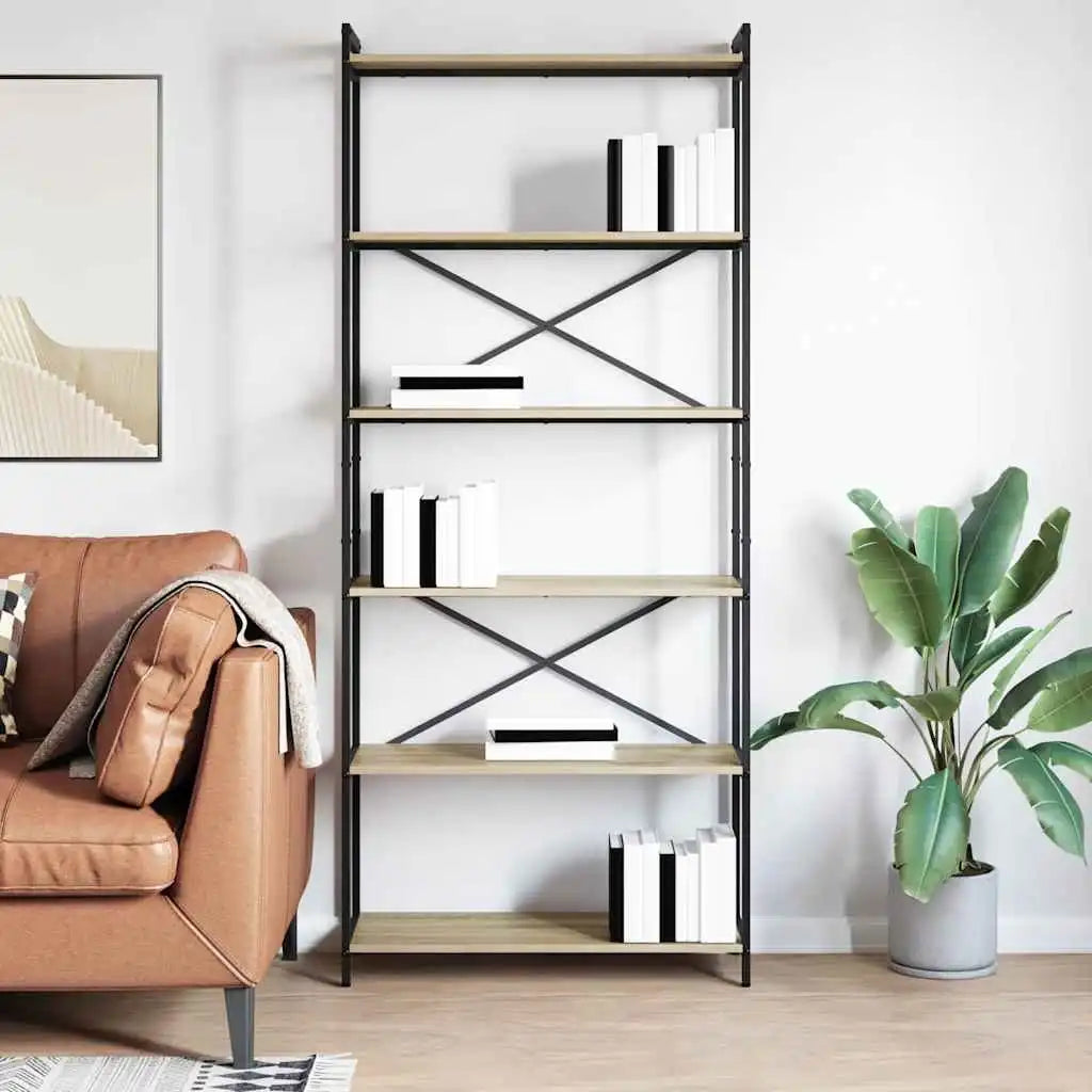 Bookcase with five open shelves and black metal frame, light wood panels
