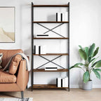 MDF shelves on a black metal frame with X-pattern support, open book storage