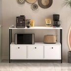 Coffee corner storage unit with three white drawer fronts and black metal frame, under-counter shelves