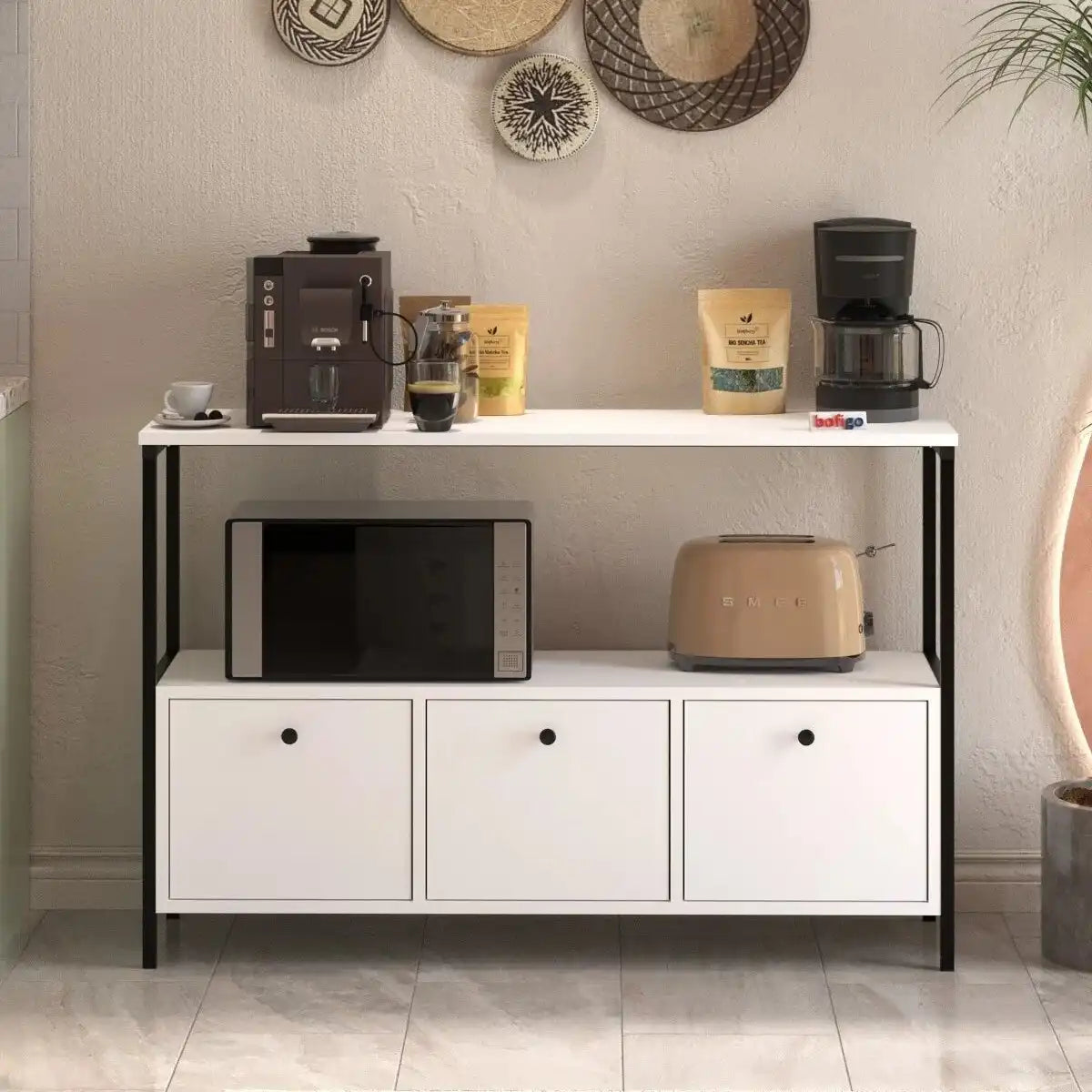 Coffee corner storage unit with three white drawer fronts and black metal frame, under-counter shelves