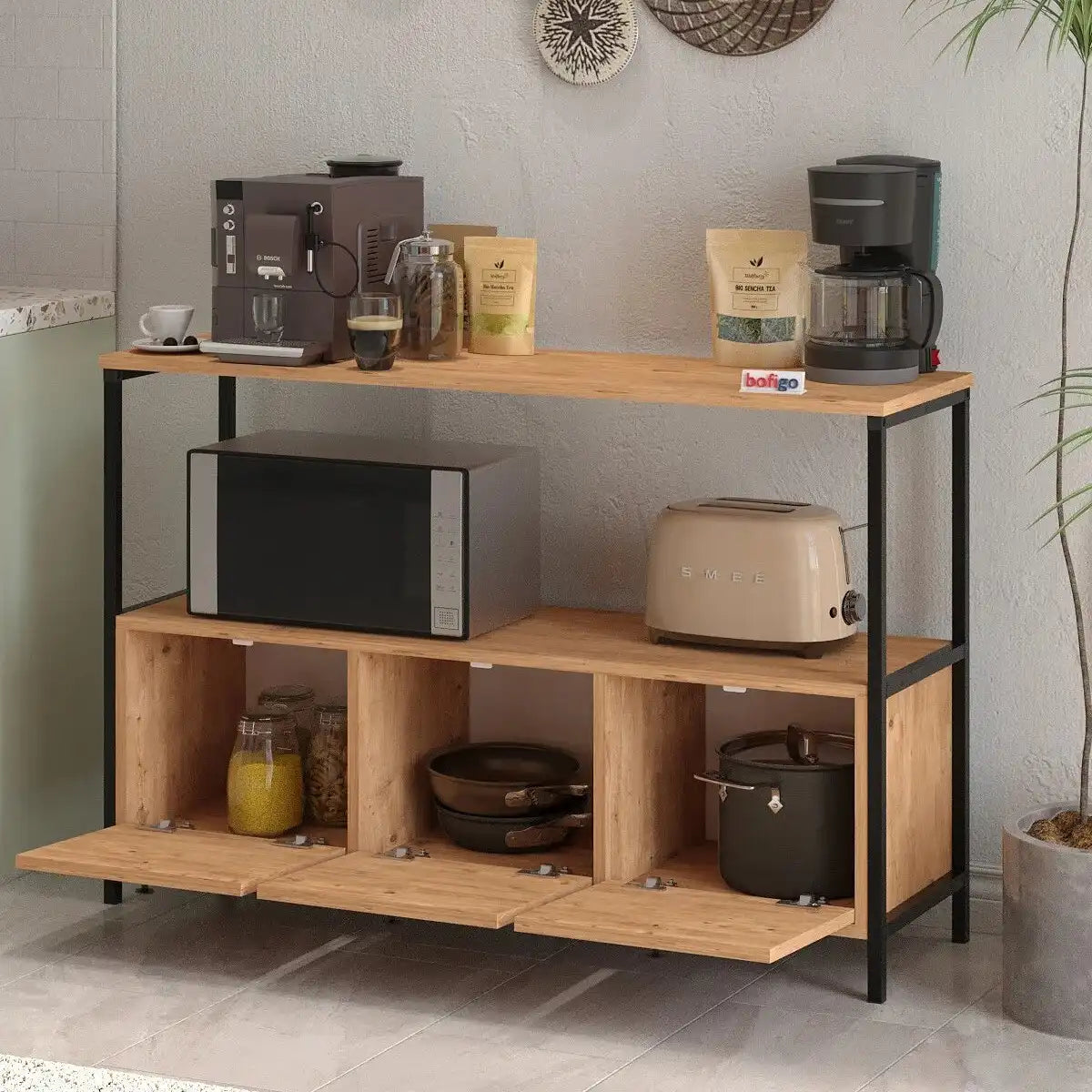 Coffee corner cabinet with metal frame, light wood drawers, open lower compartments