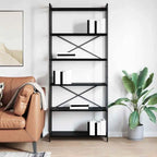 Black metal bookshelf with MDF shelves and X pattern braces, multiple storage levels