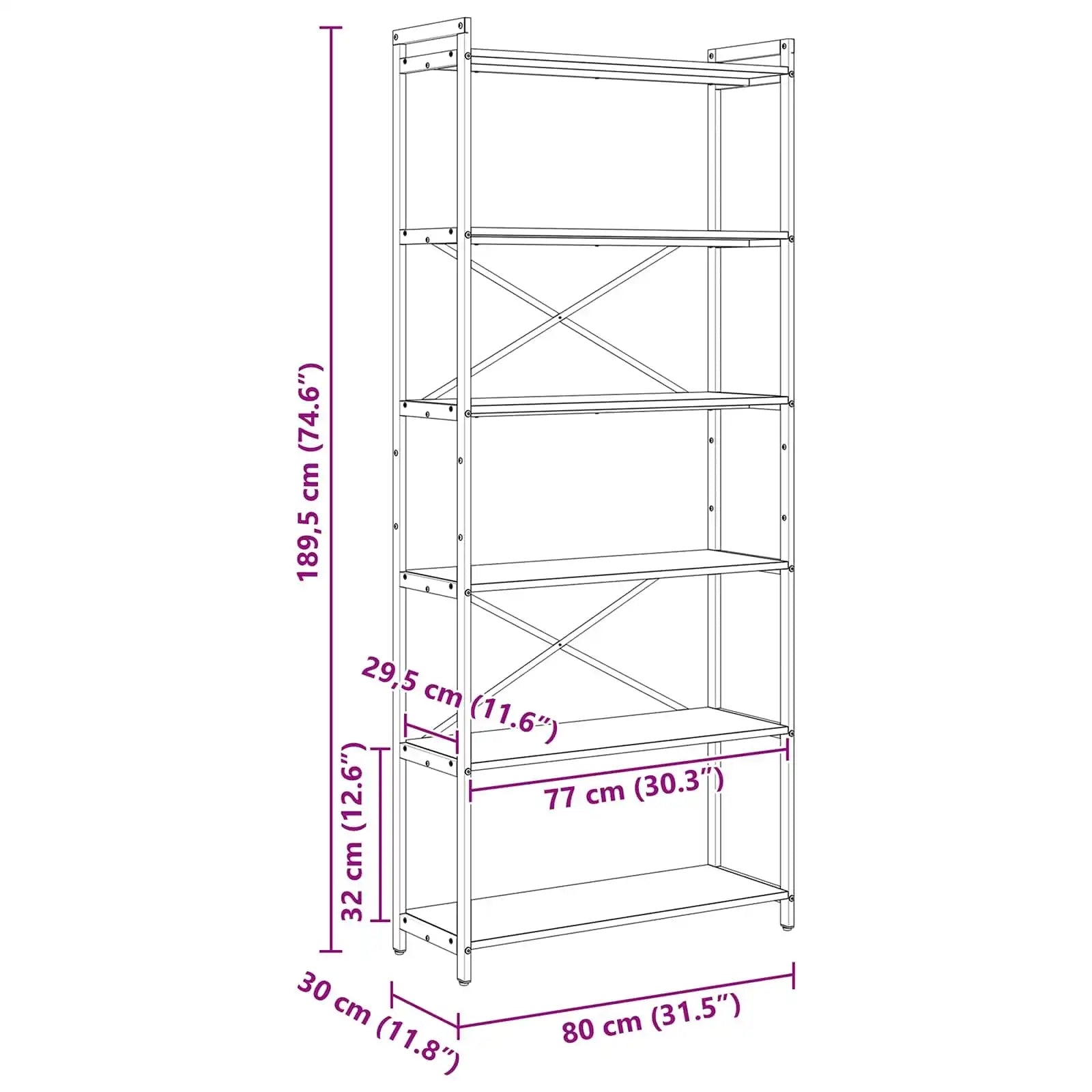 Dimensions: 80x30x189.5 cm metal frame bookcase with MDF shelves, 5 tiers