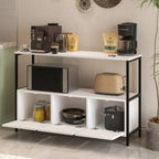 Coffee corner with white cabinet doors, black metal legs, and open lower shelves for appliances