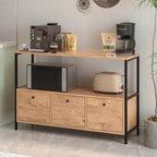 Coffee corner cabinet, metal frame, light wood drawers, open middle shelf and lower space