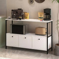 Coffee corner cabinet with white MDF drawers and black metal frame, countertop and open shelf