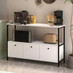 Coffee corner cabinet with white MDF drawers and black metal frame, countertop and open shelf