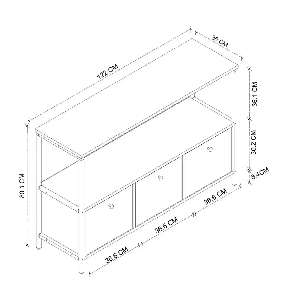 Coffee corner cabinet dimensions: 122x36x80 cm, metal frame with shelves and drawers