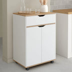 C11 coffee corner cabinet with wood top, white doors, pull-out drawer, and caster wheels
