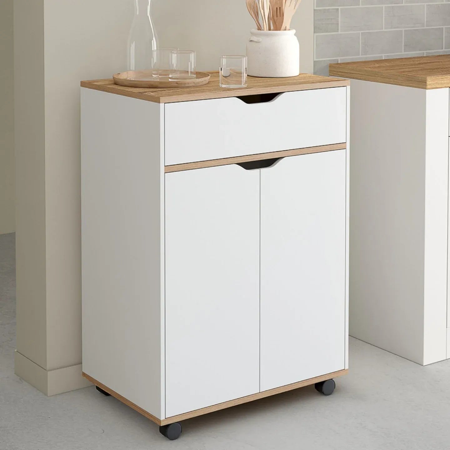 C11 coffee corner cabinet with wood top, white doors, pull-out drawer, and caster wheels