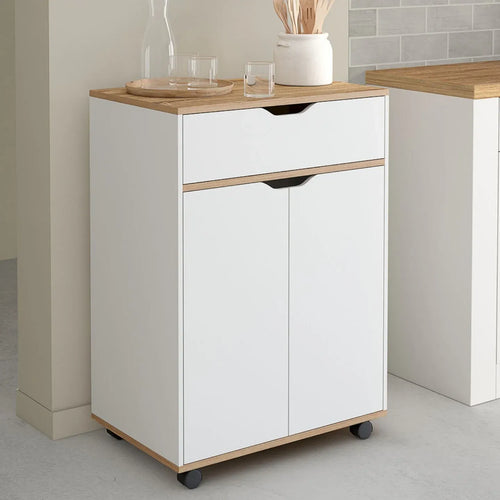 C11 coffee corner cabinet with wood top, white doors, pull-out drawer, and caster wheels