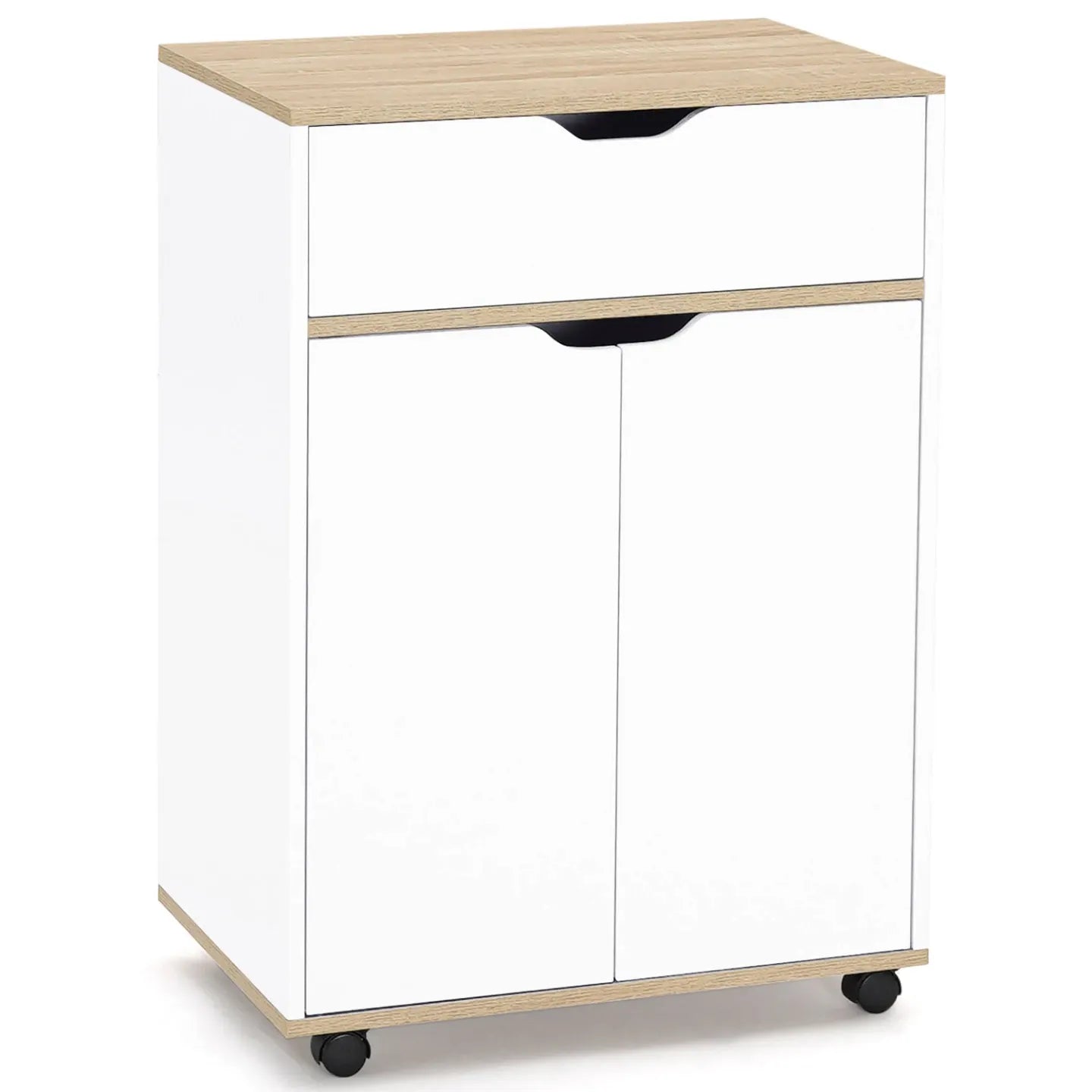 Wood tabletop over white cabinet doors with black curved drawer handle and caster wheels