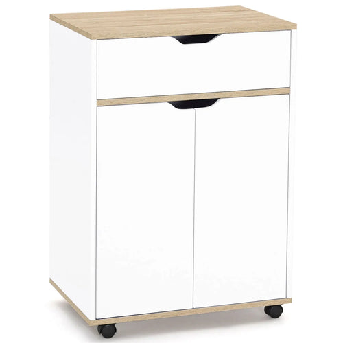Wood tabletop over white cabinet doors with black curved drawer handle and caster wheels