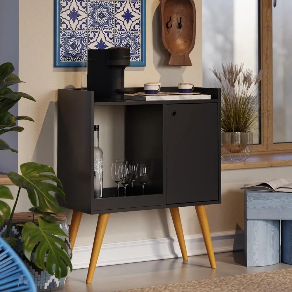 Black MDF coffee corner cabinet, open shelf with glasses and bottle, hinged coffee area