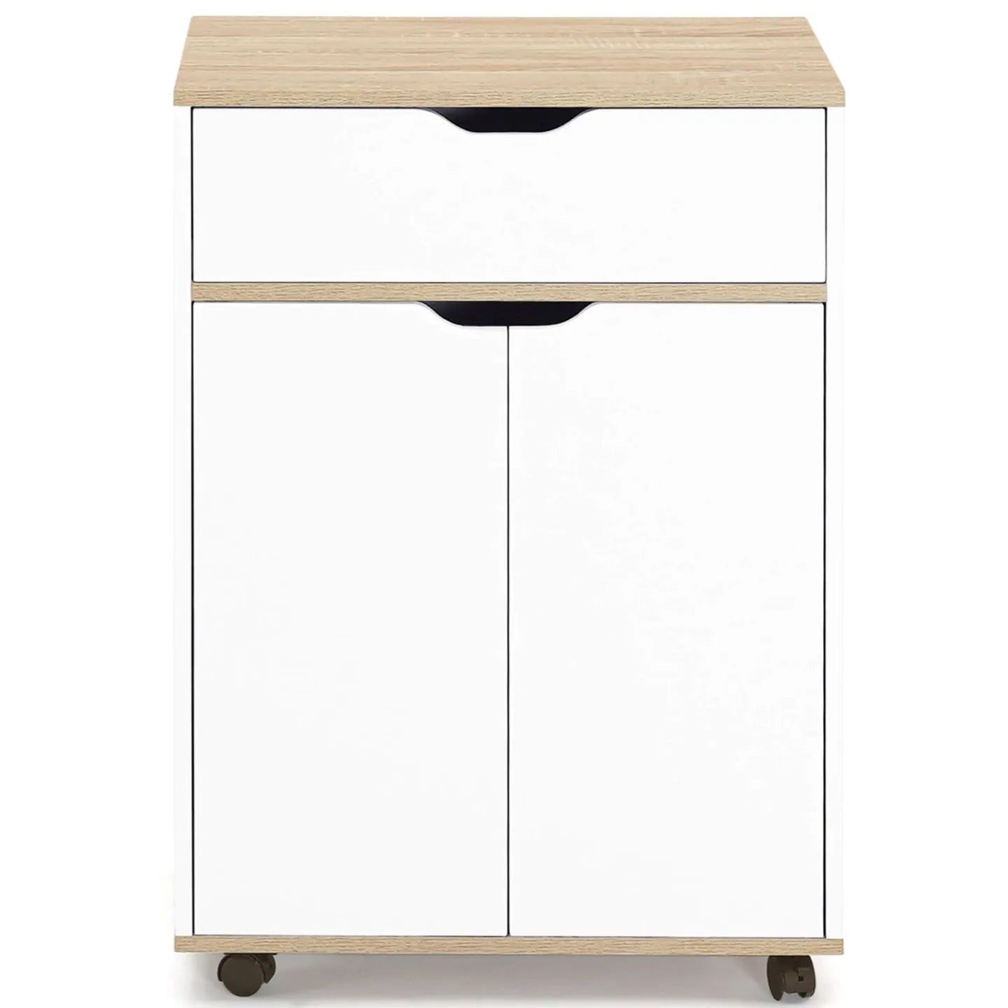 White cabinet with wood top and two doors, upper drawer with black curved cutout handle