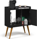 Black MDF coffee corner with open shelves, bottles and wine glasses inside