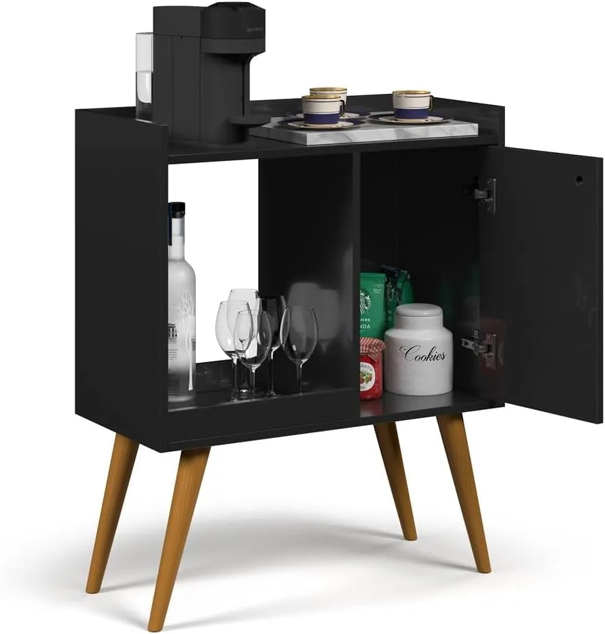 Black MDF coffee corner with open shelves, bottles and wine glasses inside