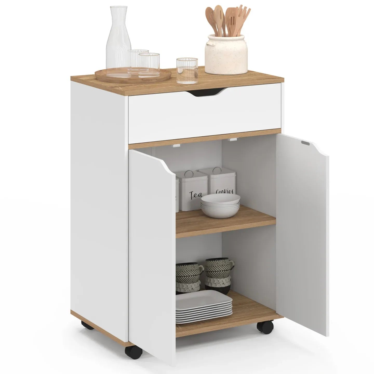 Coffee corner cabinet with side doors open to reveal shelves and storage compartments