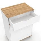 White storage cabinet with wood top and open inner drawer space, on caster wheels