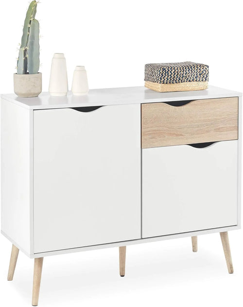 White and oak-tone coffee corner cabinet with two doors and two drawers on wooden legs