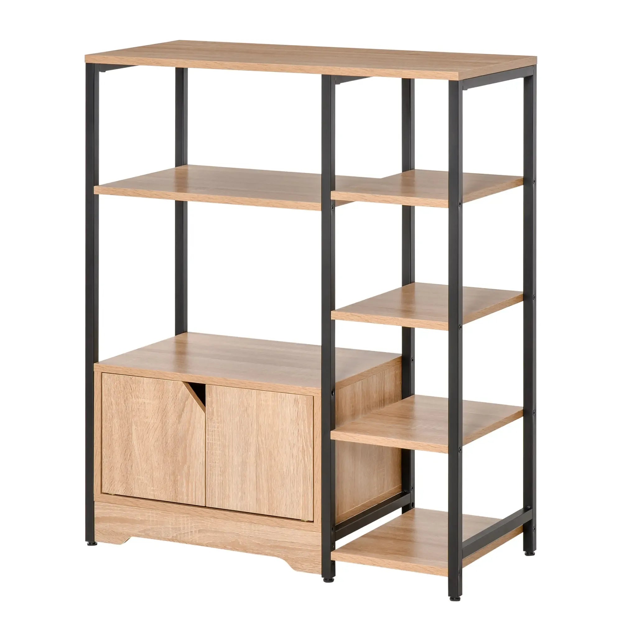 Bookcase with light wood shelves and black metal frame, open storage and cabinet doors