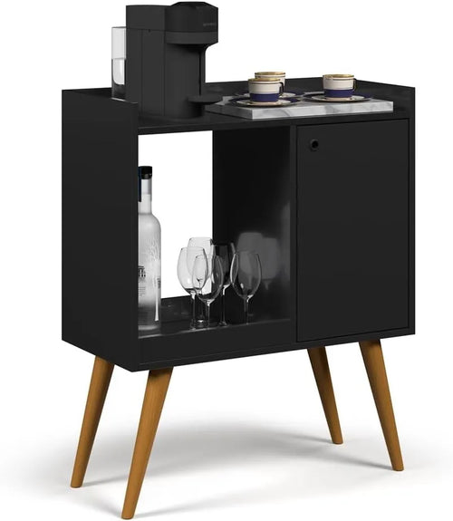 Black MDF coffee corner with open shelf, side cabinet and stemware on display