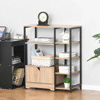 Wood-look MDF bookcase with black metal frame, open shelves and 2-door cabinet