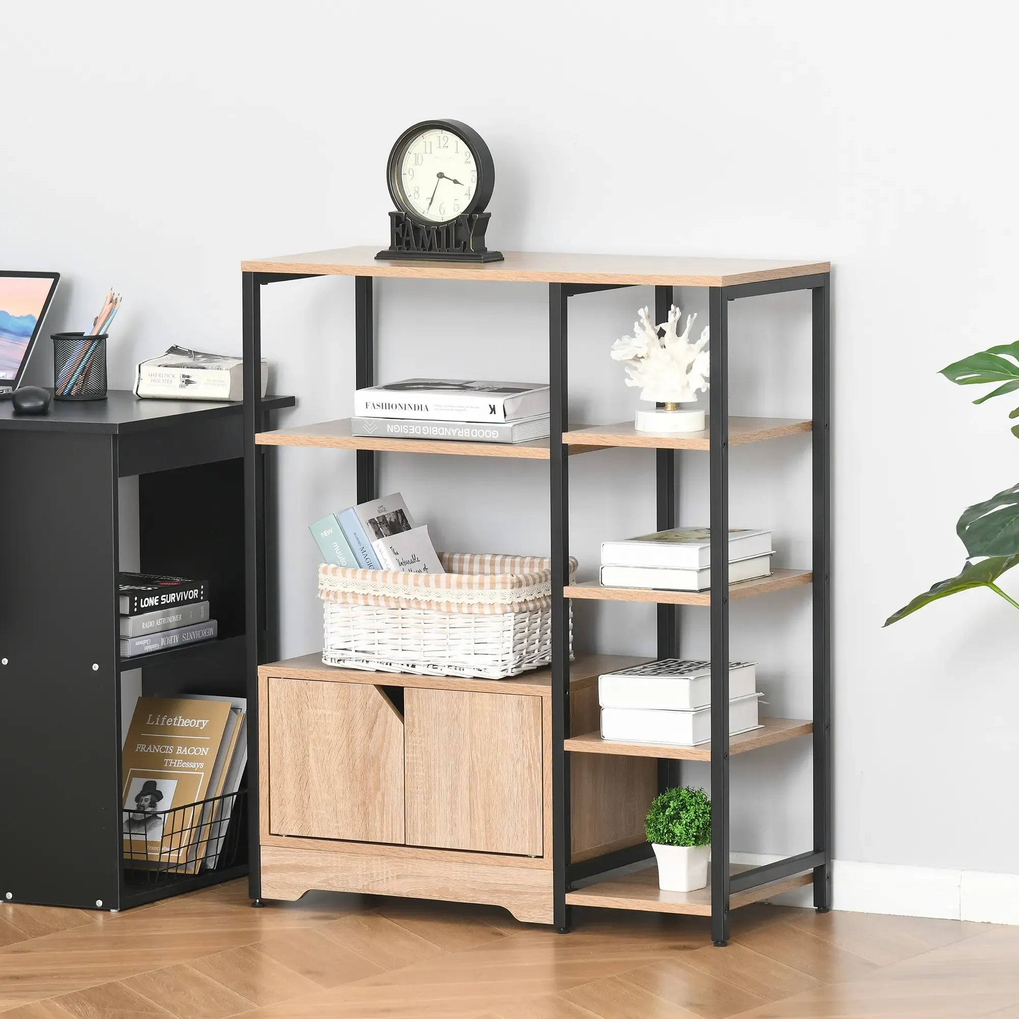 Wood-look MDF bookcase with black metal frame, open shelves and 2-door cabinet