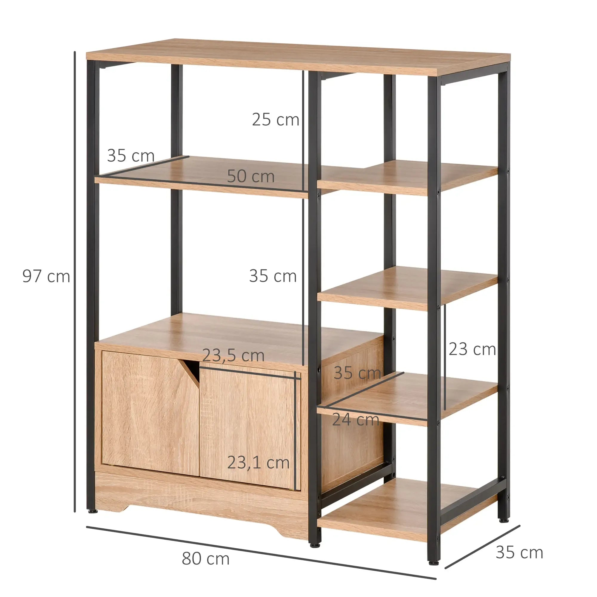 Dimensions 80x35x97 cm: wood-look MDF bookcase with black metal frame and shelves