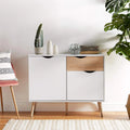 White MDF coffee corner cabinet with oak-tone drawer fronts and curved cutout handles