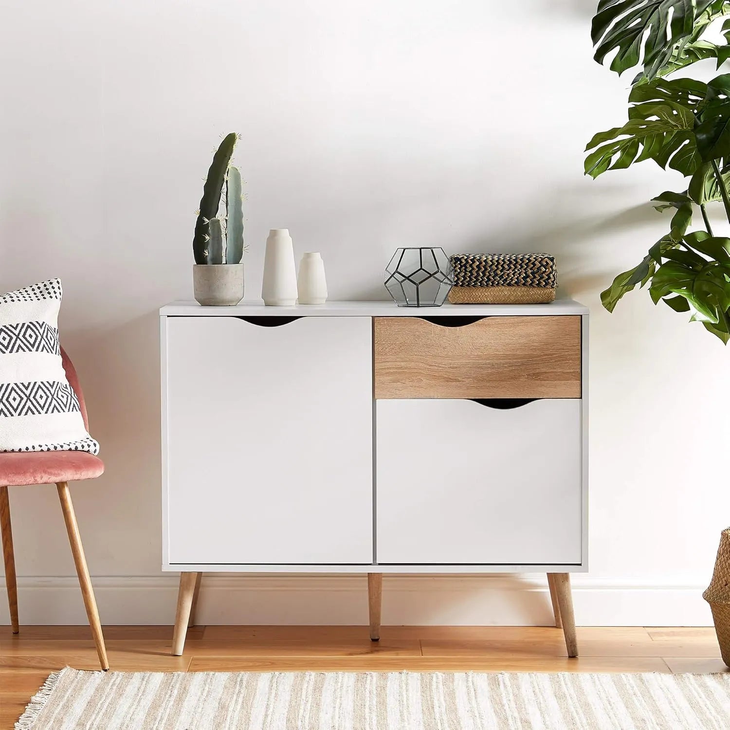 White MDF coffee corner cabinet with oak-tone drawer fronts and curved cutout handles