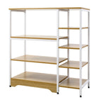 White open bookcase with light wood shelves and metal frame