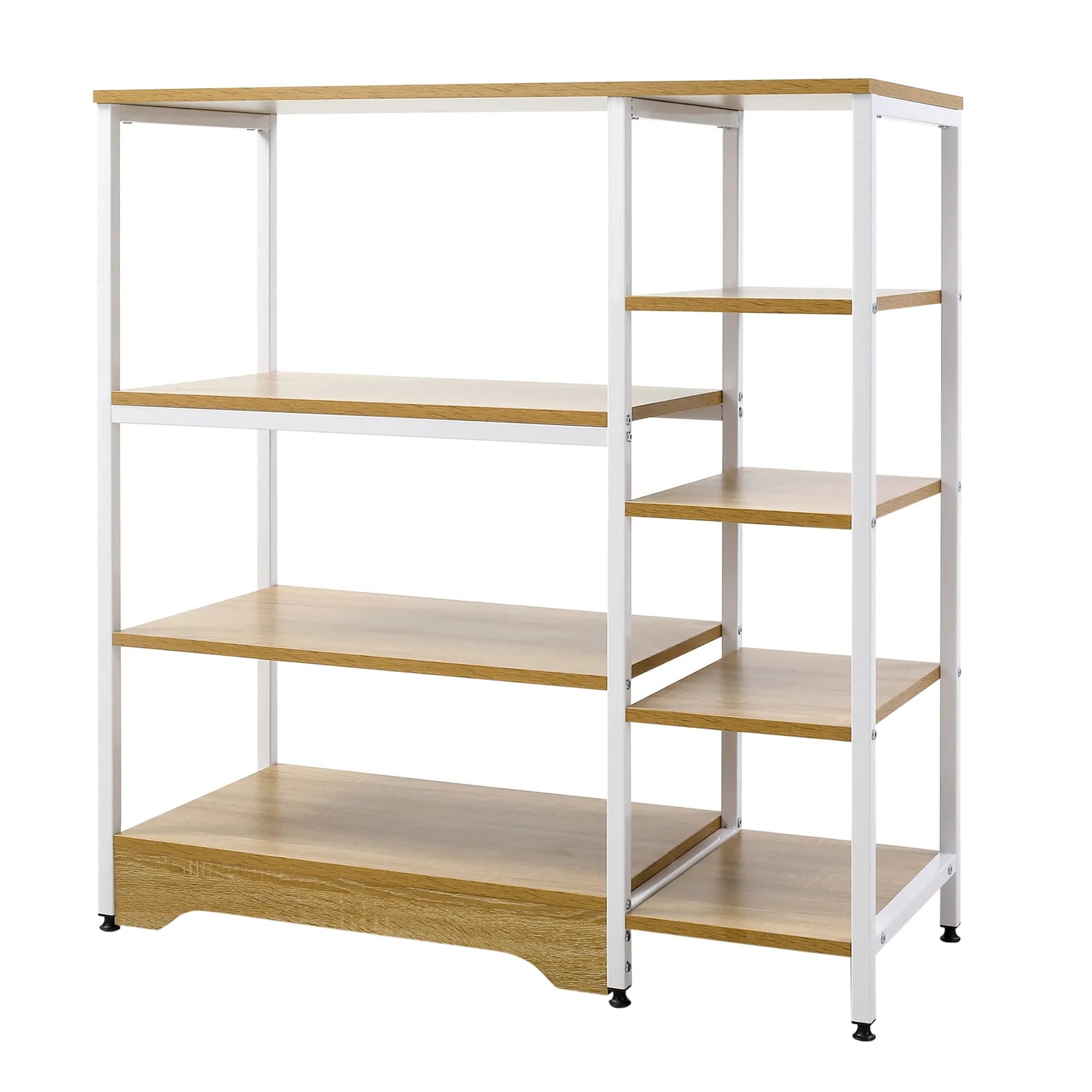 White open bookcase with light wood shelves and metal frame