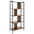 Front view bookcase with dark metal frame and rustic MDF shelves, open design