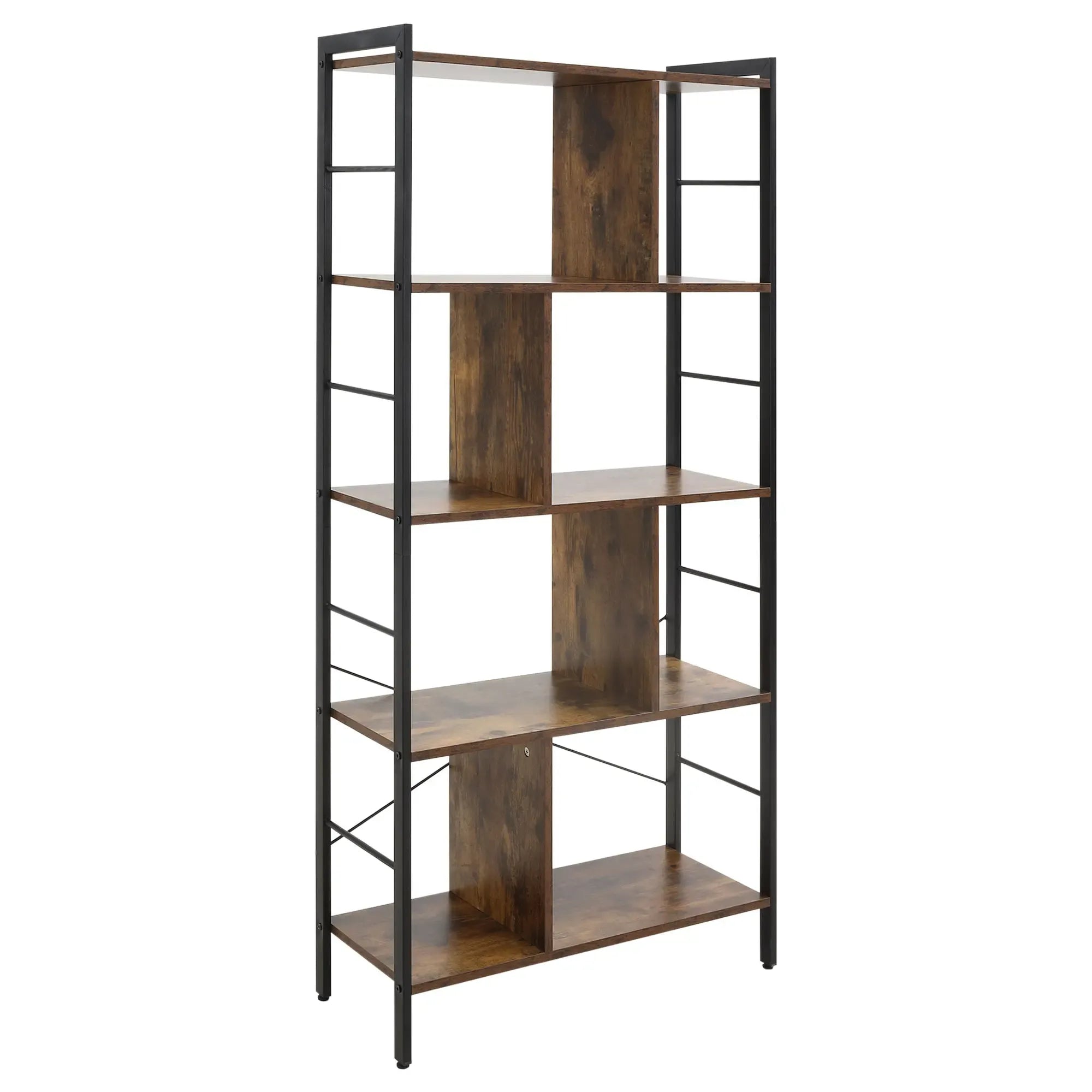 Front view bookcase with dark metal frame and rustic MDF shelves, open design