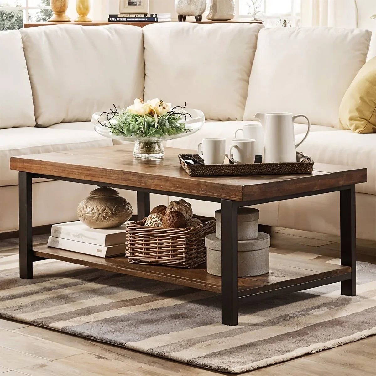 Coffee table with dark metal frame and wood-tone MDF top, 100x55x45 cm