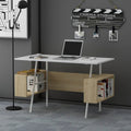Rectangular office desk with metal legs and light MDF tabletop, side open storage shelves