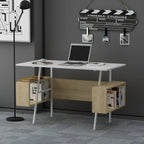 Rectangular office desk with metal legs and light MDF tabletop, side open storage shelves