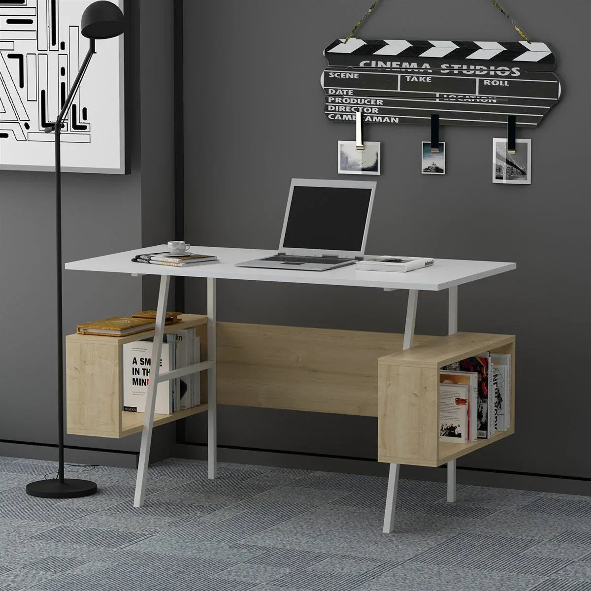 Rectangular office desk with metal legs and light MDF tabletop, side open storage shelves