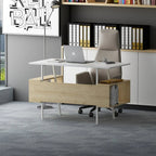 Office desk with light MDF top, metal frame, and front cubby storage for files