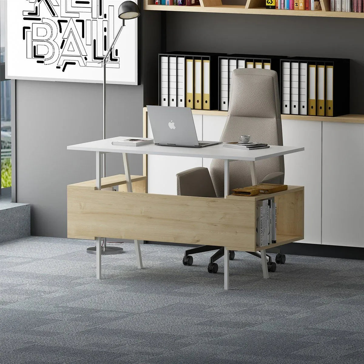 Office desk with light MDF top, metal frame, and front cubby storage for files